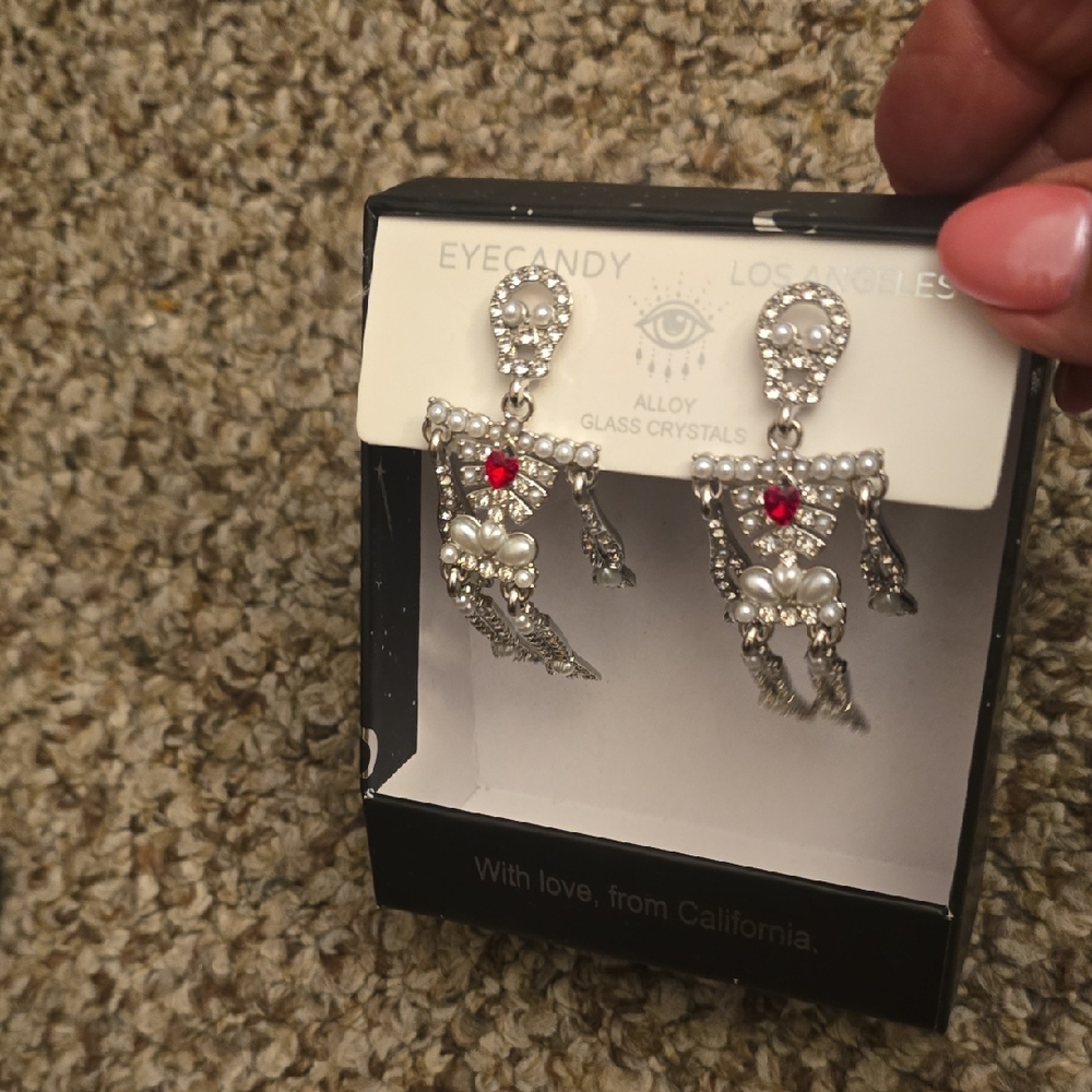 Eye Candy Los Angelas Silver and Red Crystal Earrings Skeketon Earrings